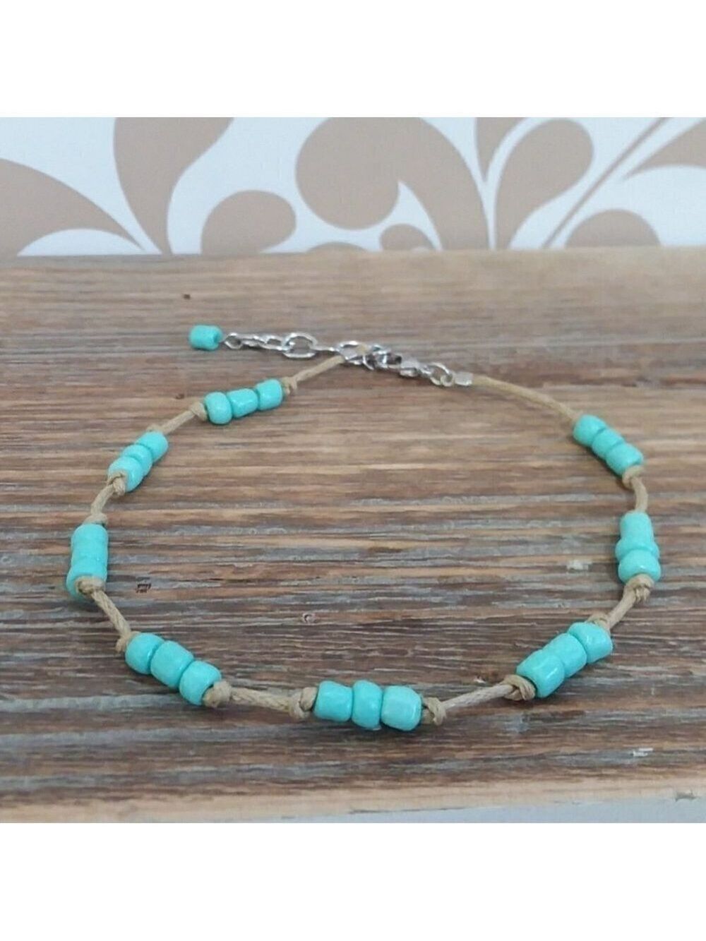 Turquoise Beaded Beige Cord Ankle Bracelet